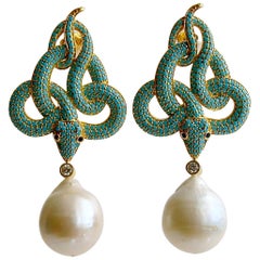 Turquoise Crystal Baroque Pearl Snake Earrings, Lindie Earrings
