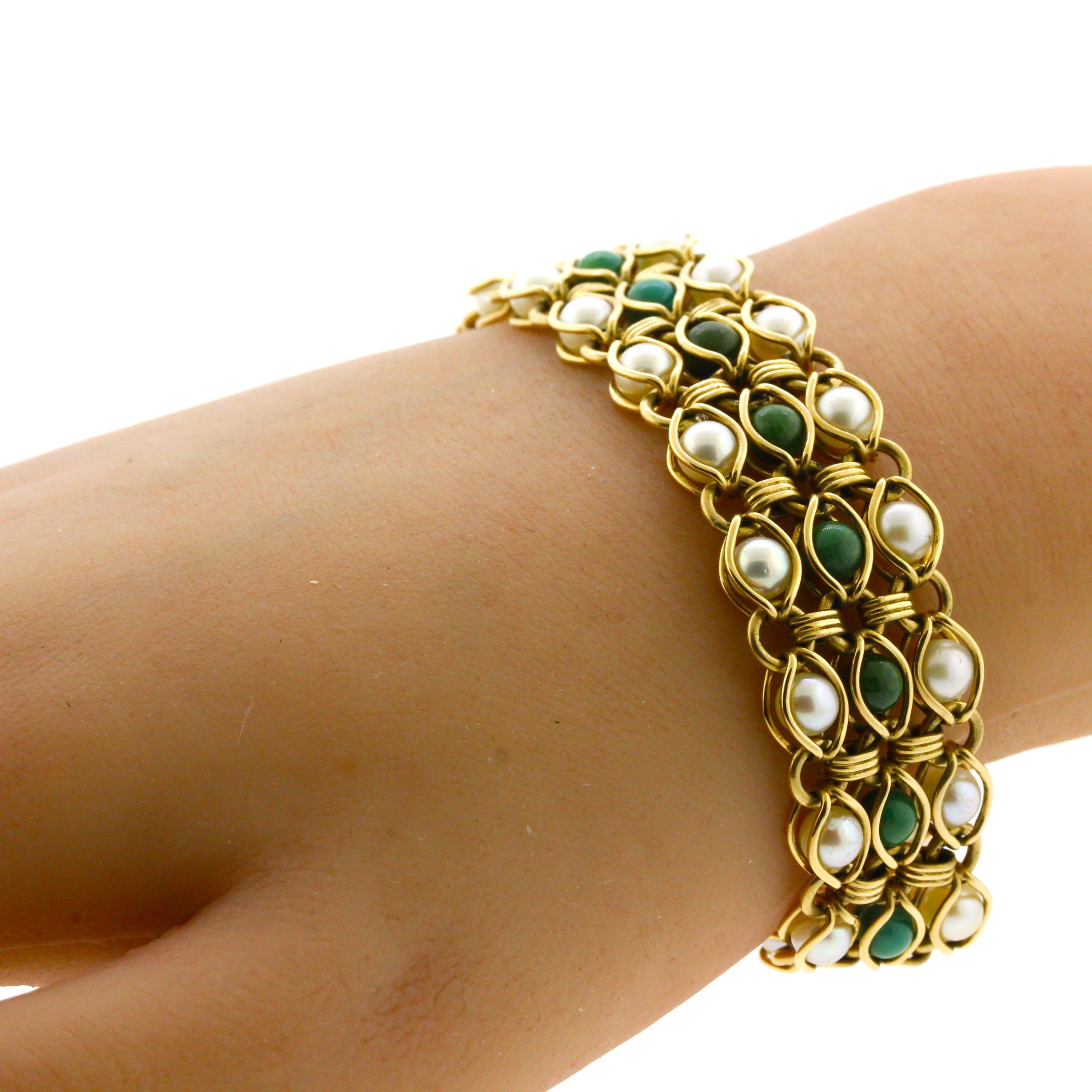 Bead Turquoise Cultured-Pearl Gold Bracelet