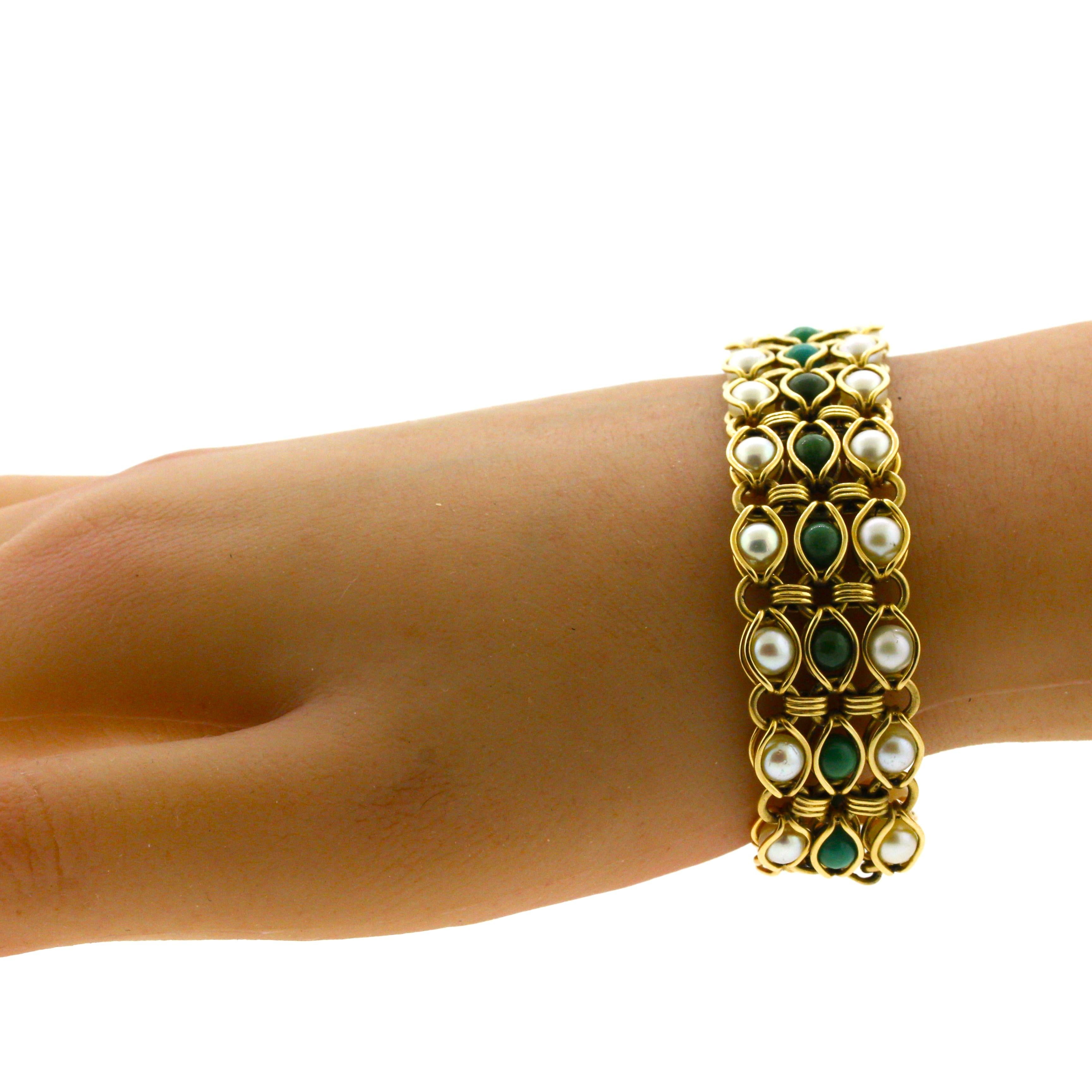 Turquoise Cultured-Pearl Gold Bracelet In New Condition In Beverly Hills, CA
