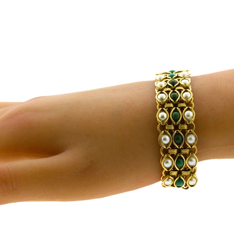 Turquoise CulturedPearl Gold Bracelet For Sale at 1stDibs
