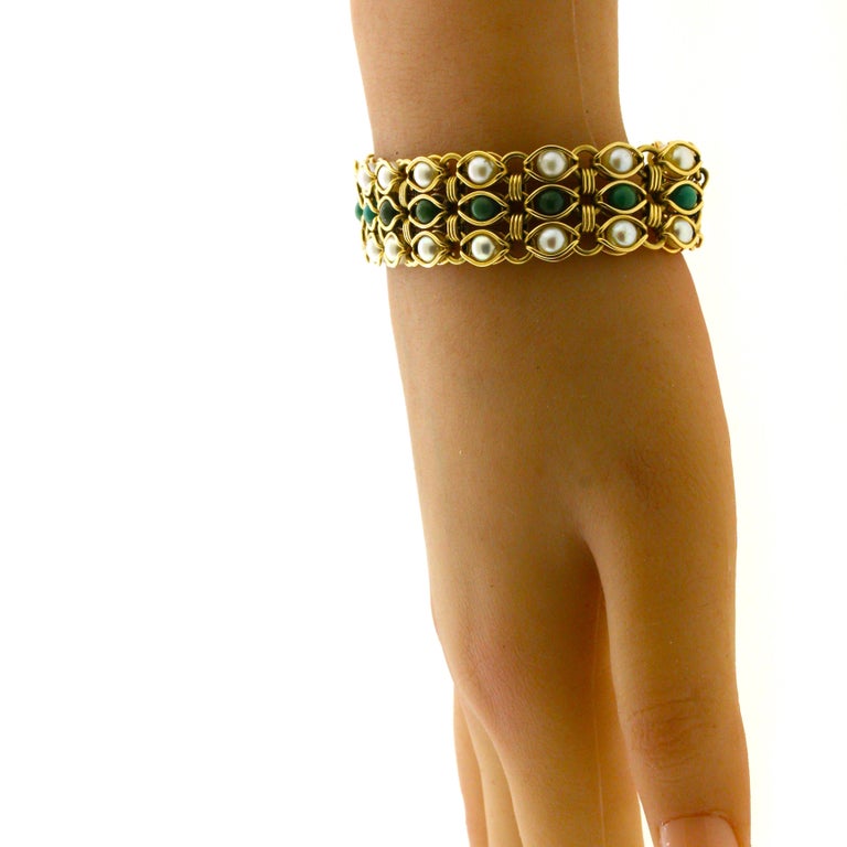 Turquoise CulturedPearl Gold Bracelet For Sale at 1stDibs