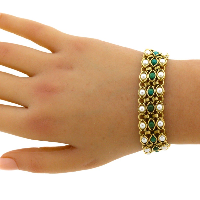 Turquoise CulturedPearl Gold Bracelet For Sale at 1stDibs