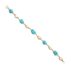 Turquoise Cultured Pearl Yellow Gold Link Bracelet