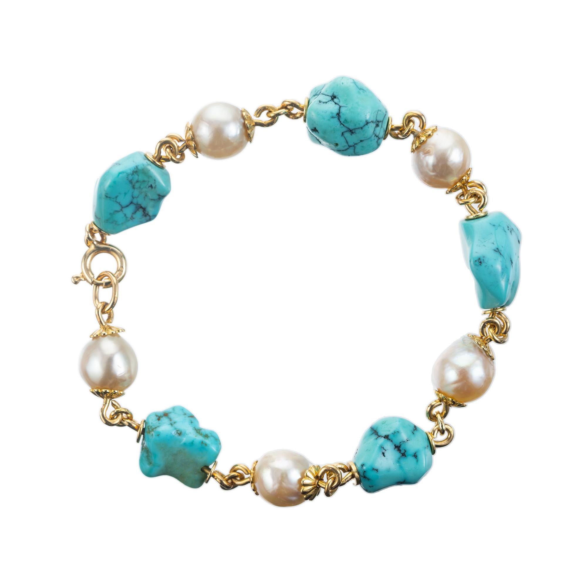 Turquoise Cultured Pearl Yellow Gold Link Bracelet  In Good Condition For Sale In Stamford, CT