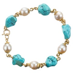 Retro Turquoise Cultured Pearl Yellow Gold Link Bracelet 