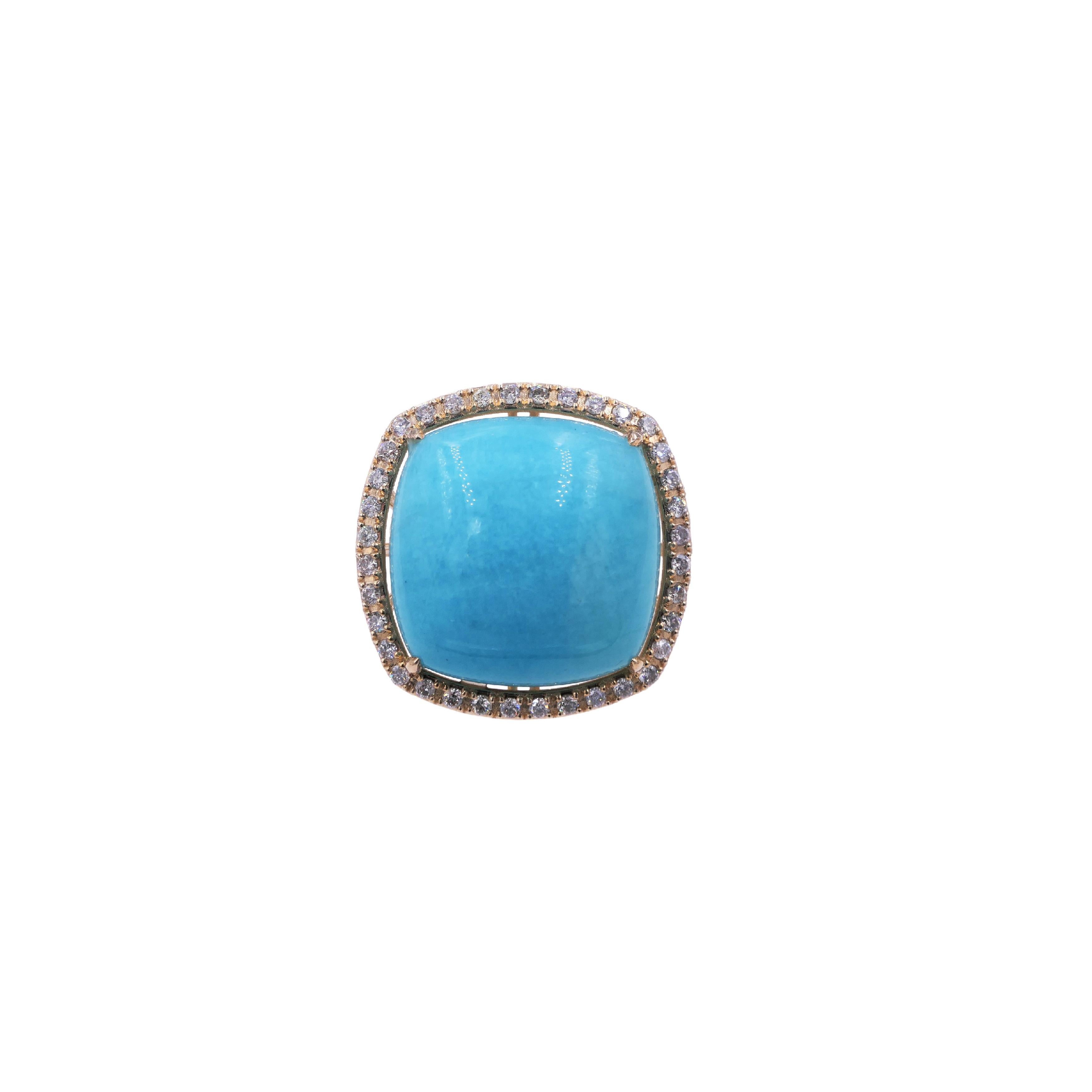 Art Deco Turquoise Cushion Cabochon Halo Pave Silver Diamonds 14 Karat Yellow Gold Ring For Sale