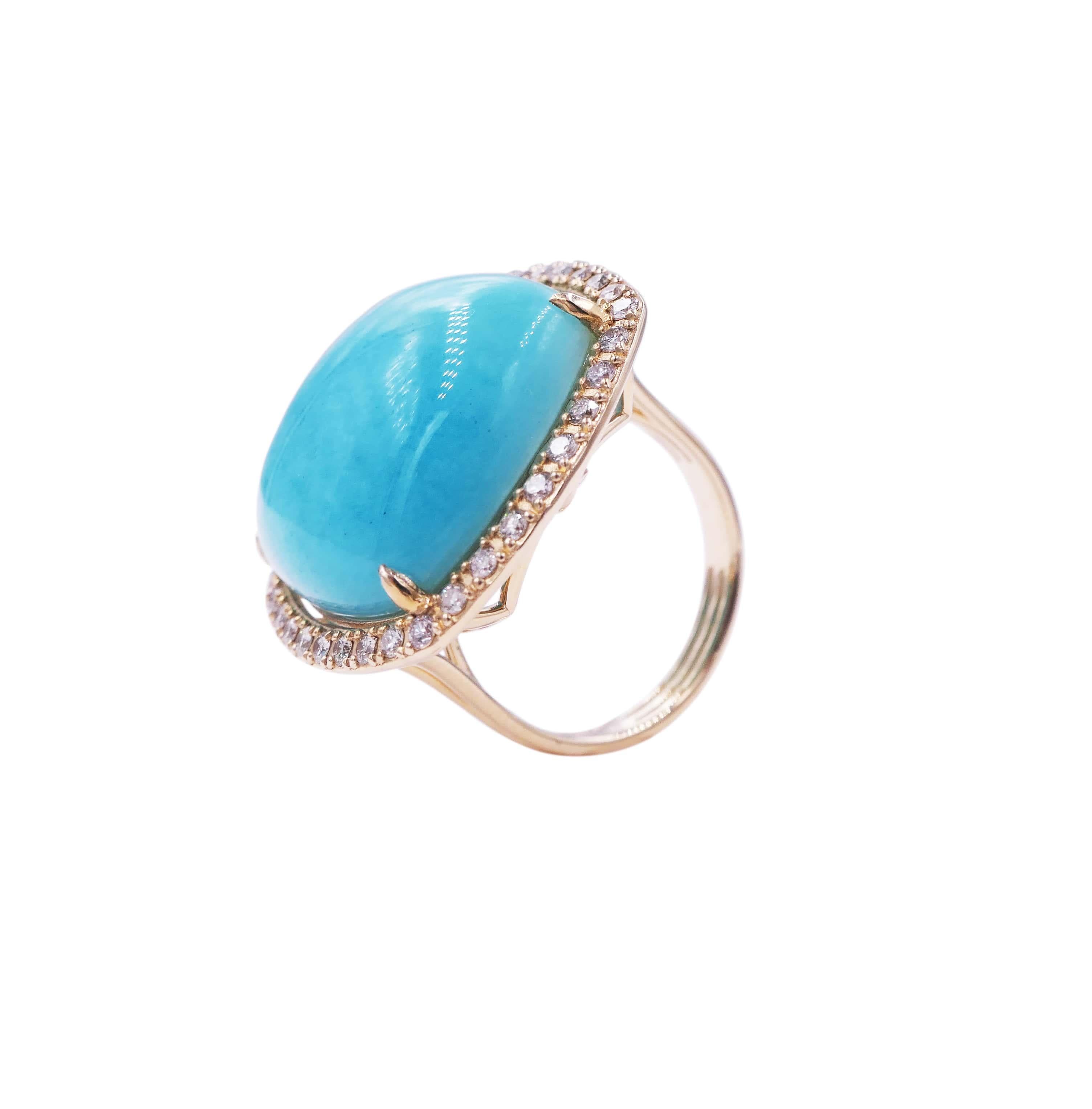 Cushion Cut Turquoise Cushion Cabochon Halo Pave Silver Diamonds 14 Karat Yellow Gold Ring For Sale