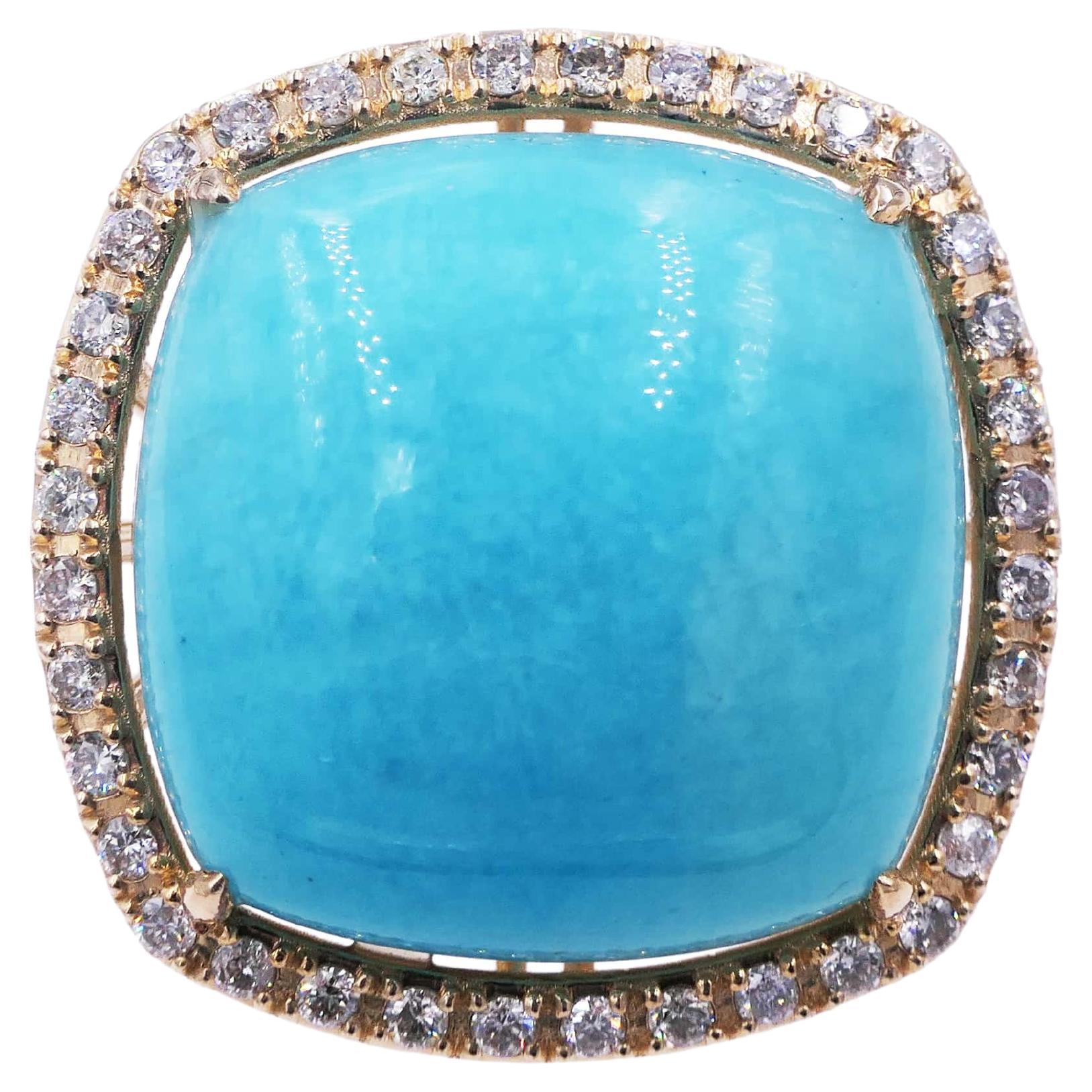 Turquoise Cushion Cabochon Halo Pave Silver Diamonds 14 Karat Yellow Gold Ring For Sale