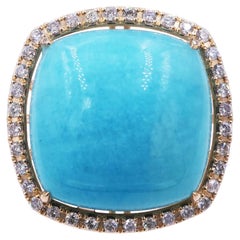 Turquoise Cushion Cabochon Halo Pave Silver Diamonds 14 Karat Yellow Gold Ring