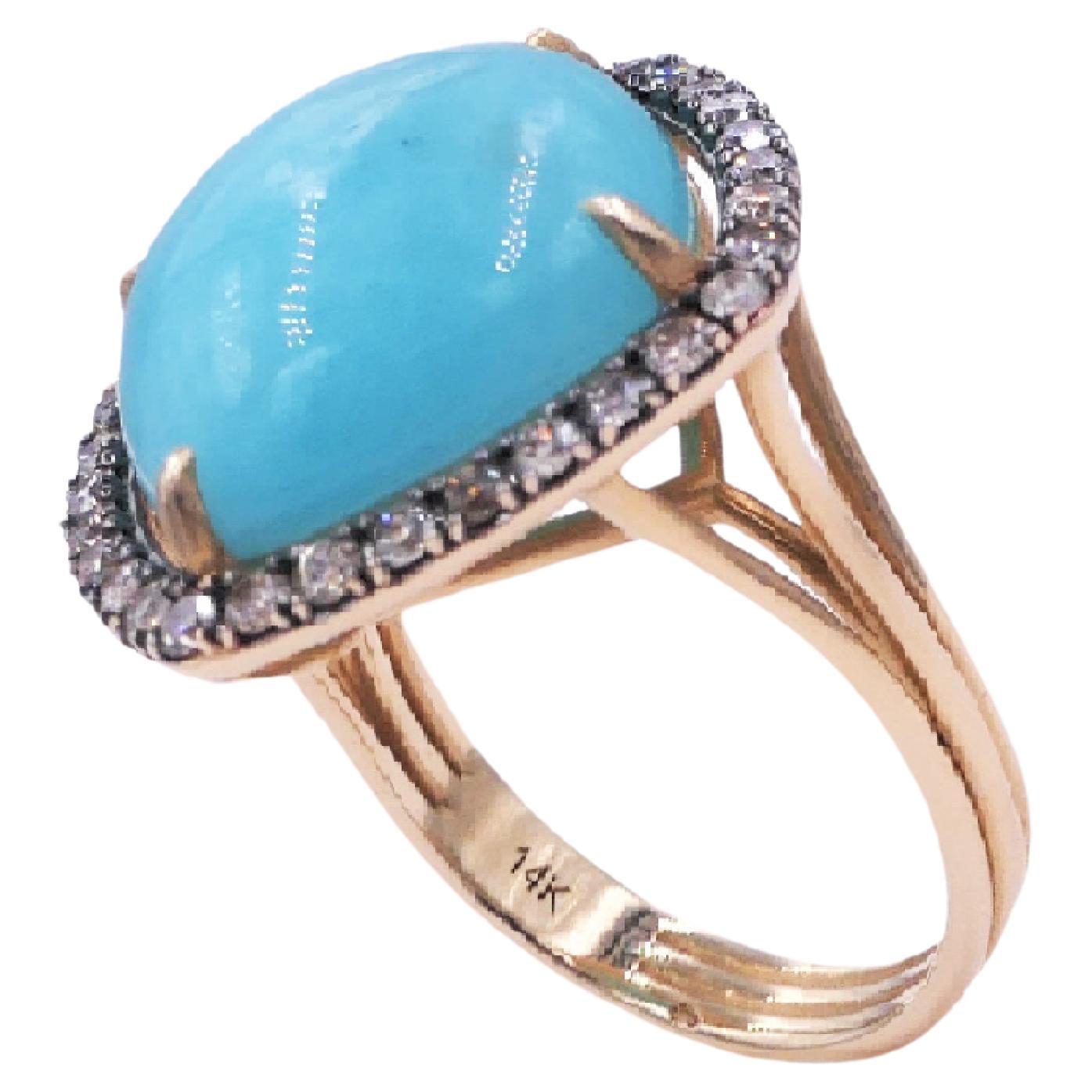 Turquoise Cushion Cabochon Silver Cognac Diamonds 14 Karat Yellow Halo Ring
14 Karat Yellow Gold
Turquoise Cushion Cabochon Gemstone
0.15 cts Diamonds
Size 7 - Resizable upon request 

Important Information:
Please note that this item will take 2-4
