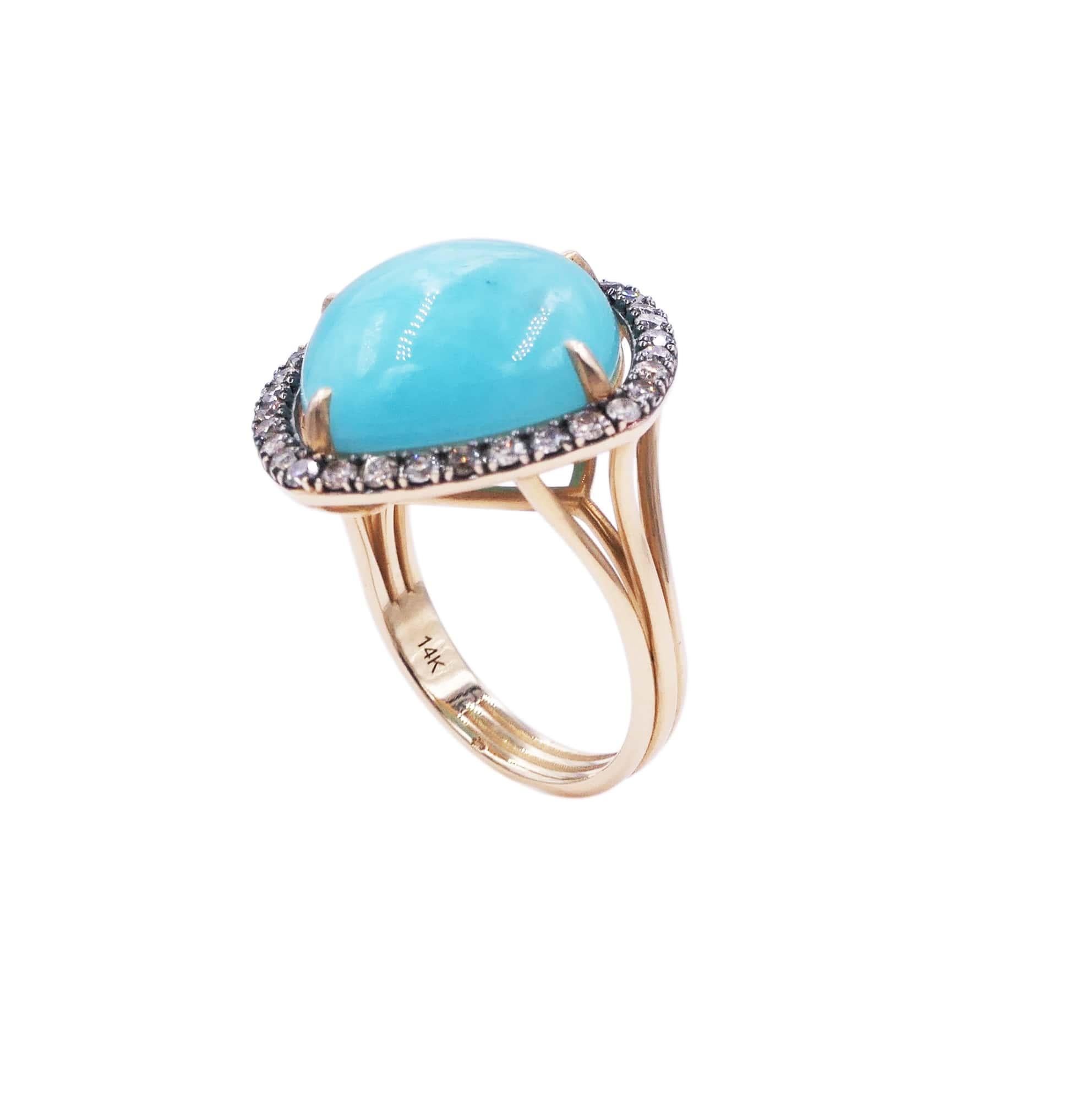 Cushion Cut Turquoise Cushion Cabochon Silver Cognac Diamonds 14 Karat Yellow Halo Ring For Sale