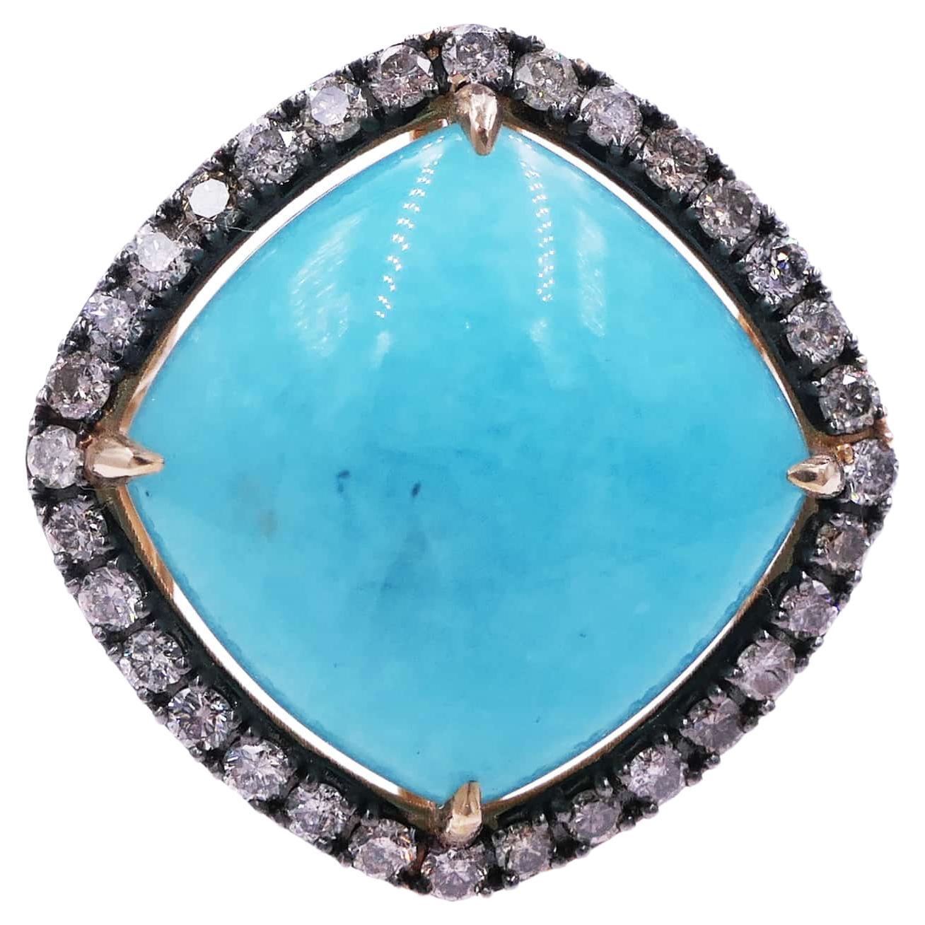 Turquoise Cushion Cabochon Silver Cognac Diamonds 14 Karat Yellow Halo Ring For Sale
