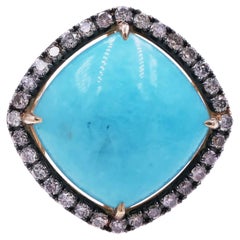 Turquoise Cushion Cabochon Silver Cognac Diamonds 14 Karat Yellow Halo Ring