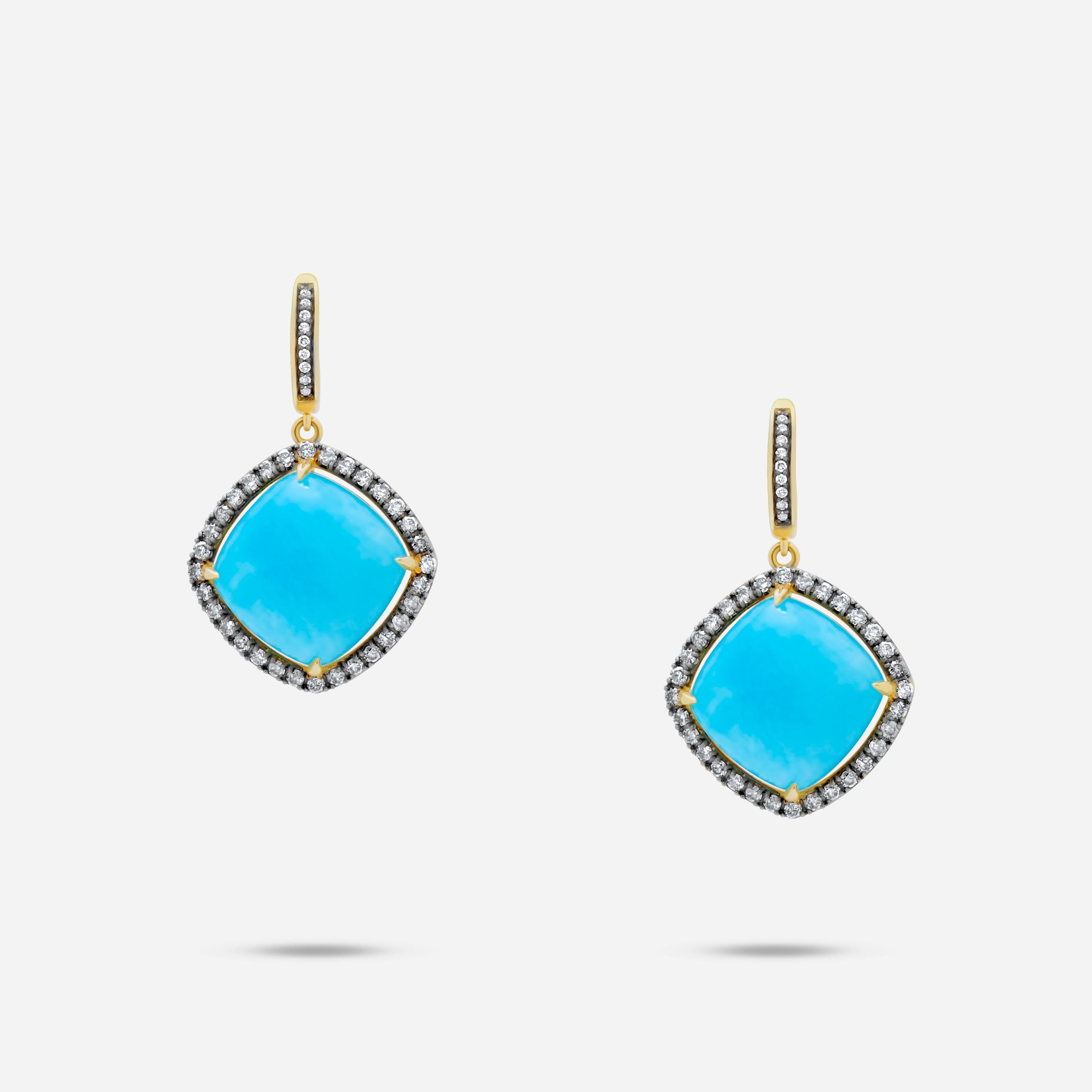 Turquoise Cushion Cognac Silver Diamonds Halo 14 Karat Yellow Gold Drop Earrings
14 Karat Yellow Gold
1.50 CT Silvery Cognac Diamonds
Turquoise Cushion Cabochon Gemstones

Important Information:
Please note that this item will take 2-4 weeks to