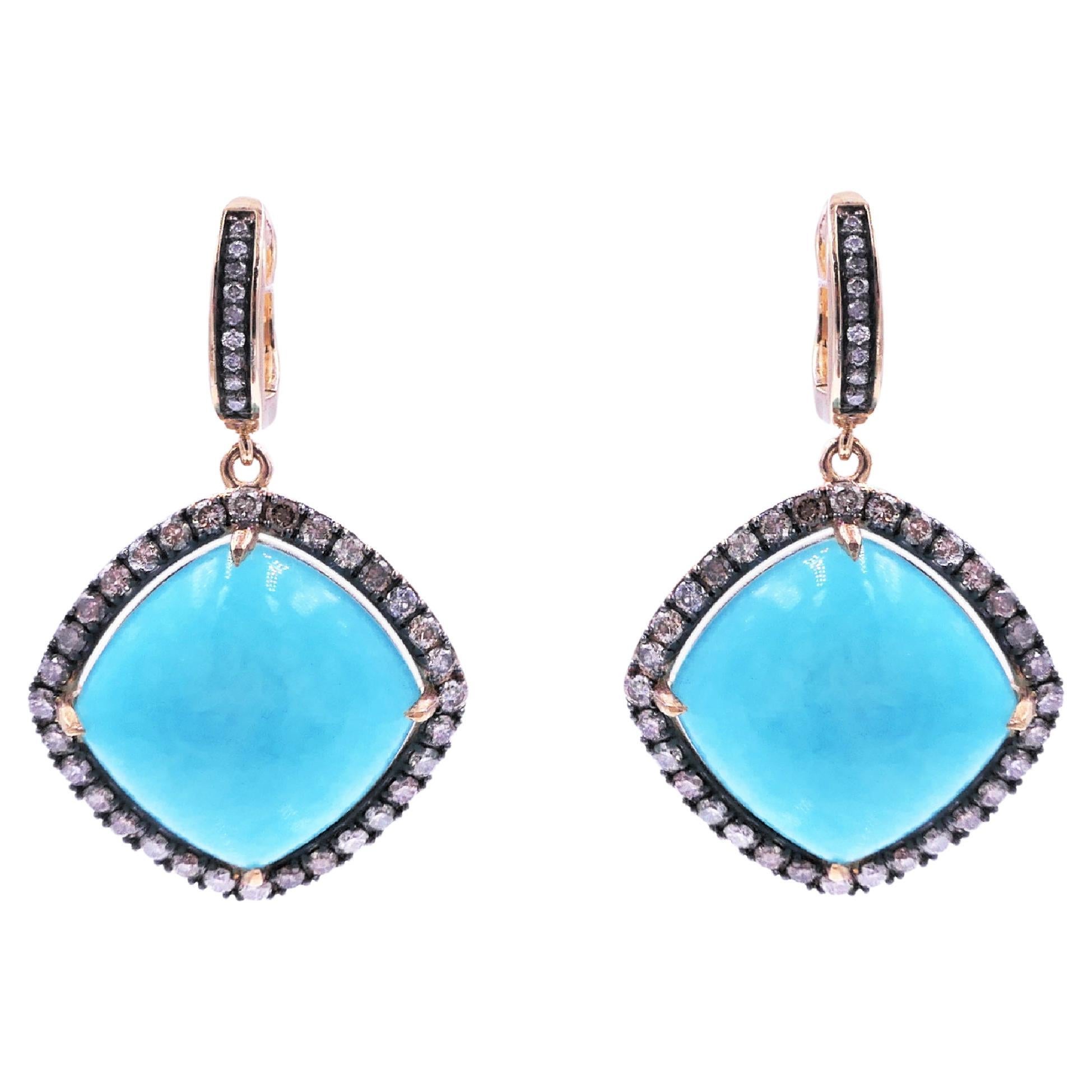 Turquoise Cushion Cognac Silver Diamonds Halo 14 Karat Yellow Gold Drop Earrings For Sale