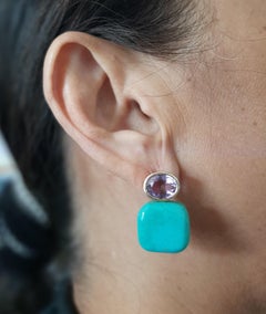 Turquoise Cushion Shape Amethyst Oval Faceted 14k Solid Gold Stud Earrings