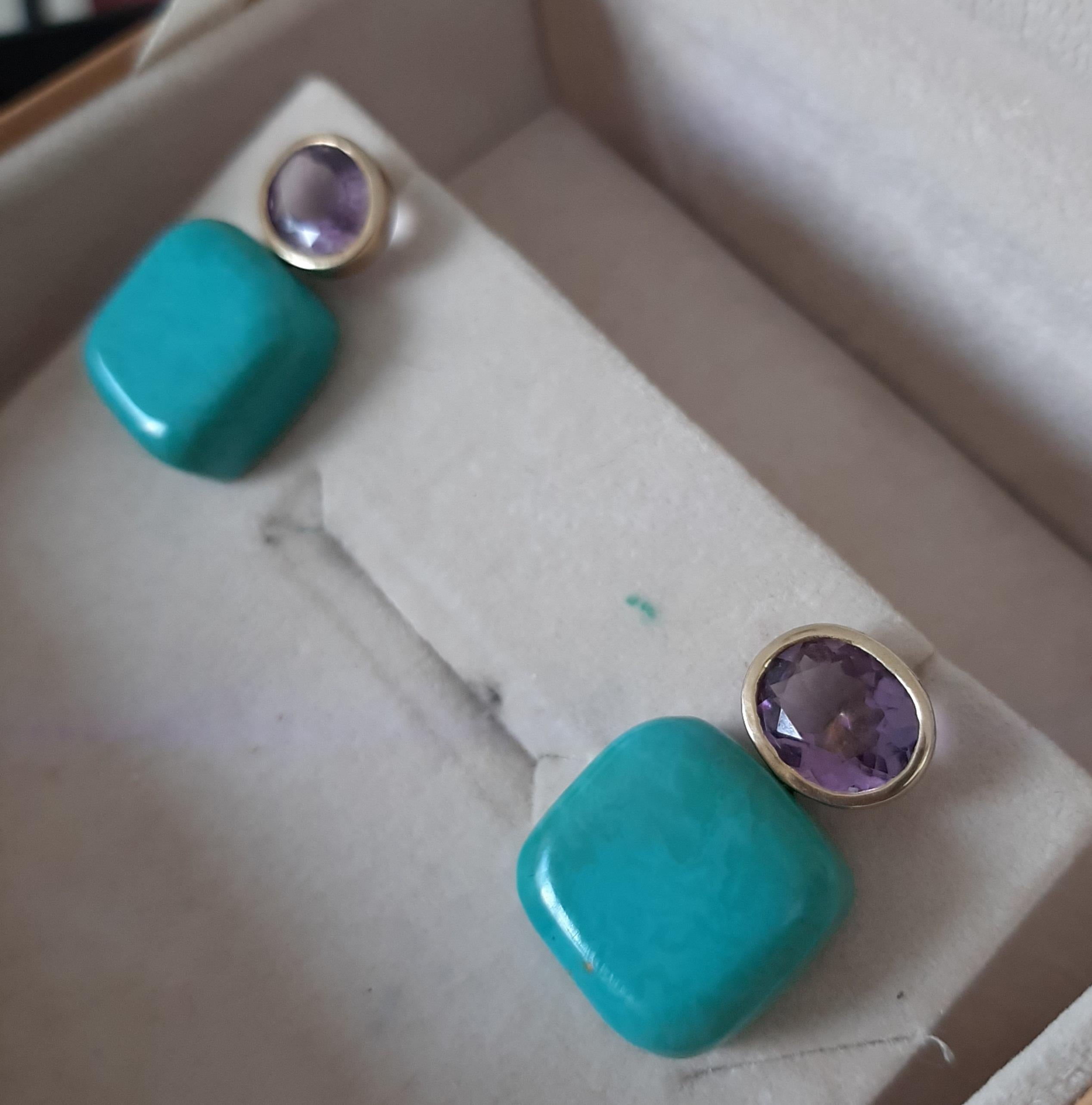 Orecchini con perno in oro massiccio 14k a forma di cuscino di turchese e ametista ovale sfaccettato In condizioni Nuovo in vendita a Bangkok, TH