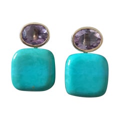 Turquoise Cushion Shape Amethyst Oval Faceted 14k Solid Gold Stud Earrings