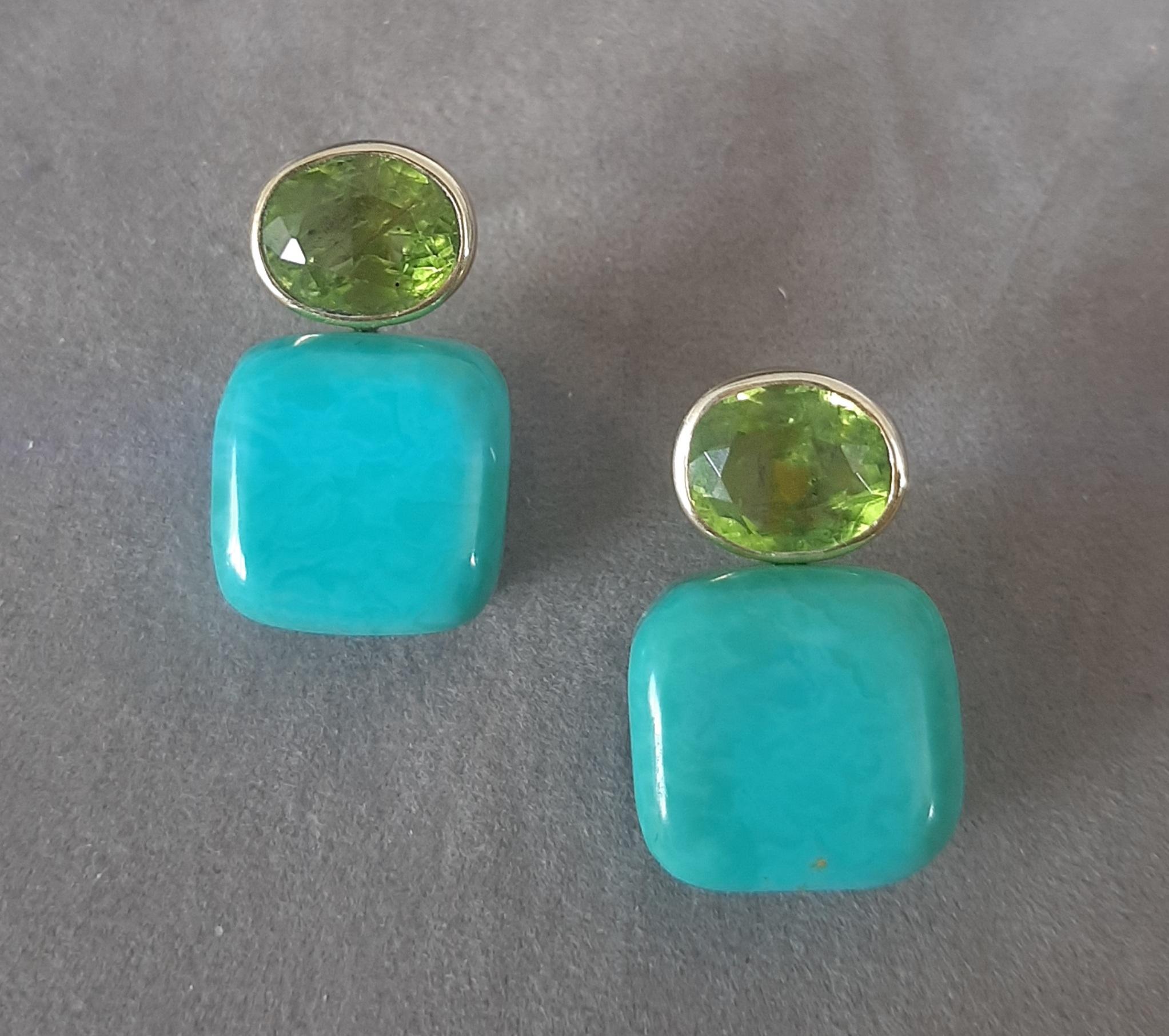 Orecchini a perno in oro giallo massiccio 14k con peridoto ovale sfaccettato a forma di cuscino di turchese in vendita 4
