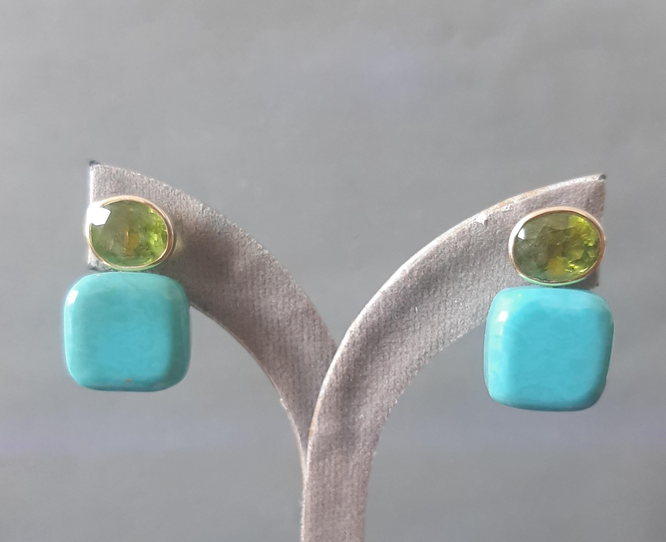 Taglio misto Orecchini a perno in oro giallo massiccio 14k con peridoto ovale sfaccettato a forma di cuscino di turchese in vendita