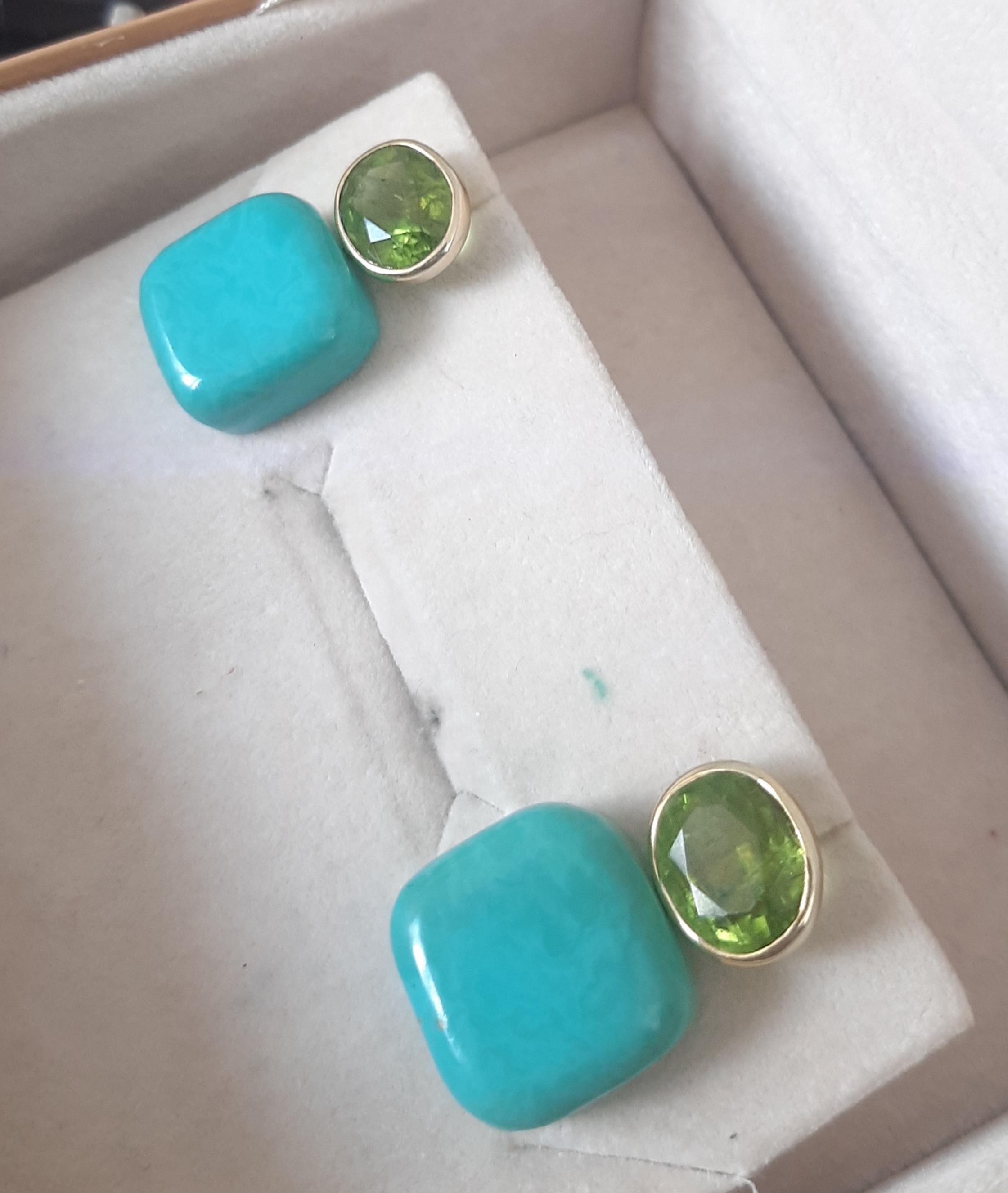 Orecchini a perno in oro giallo massiccio 14k con peridoto ovale sfaccettato a forma di cuscino di turchese In condizioni Nuovo in vendita a Bangkok, TH