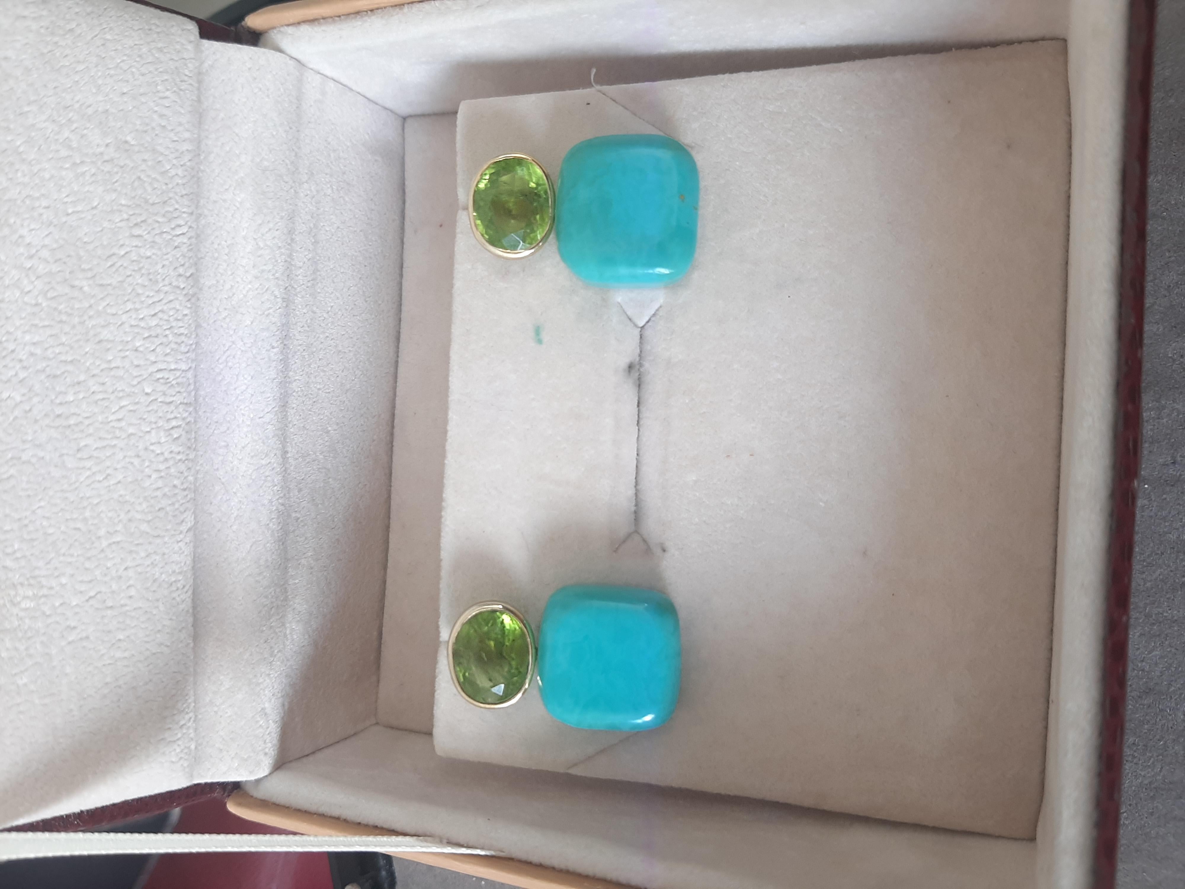 Donna Orecchini a perno in oro giallo massiccio 14k con peridoto ovale sfaccettato a forma di cuscino di turchese in vendita