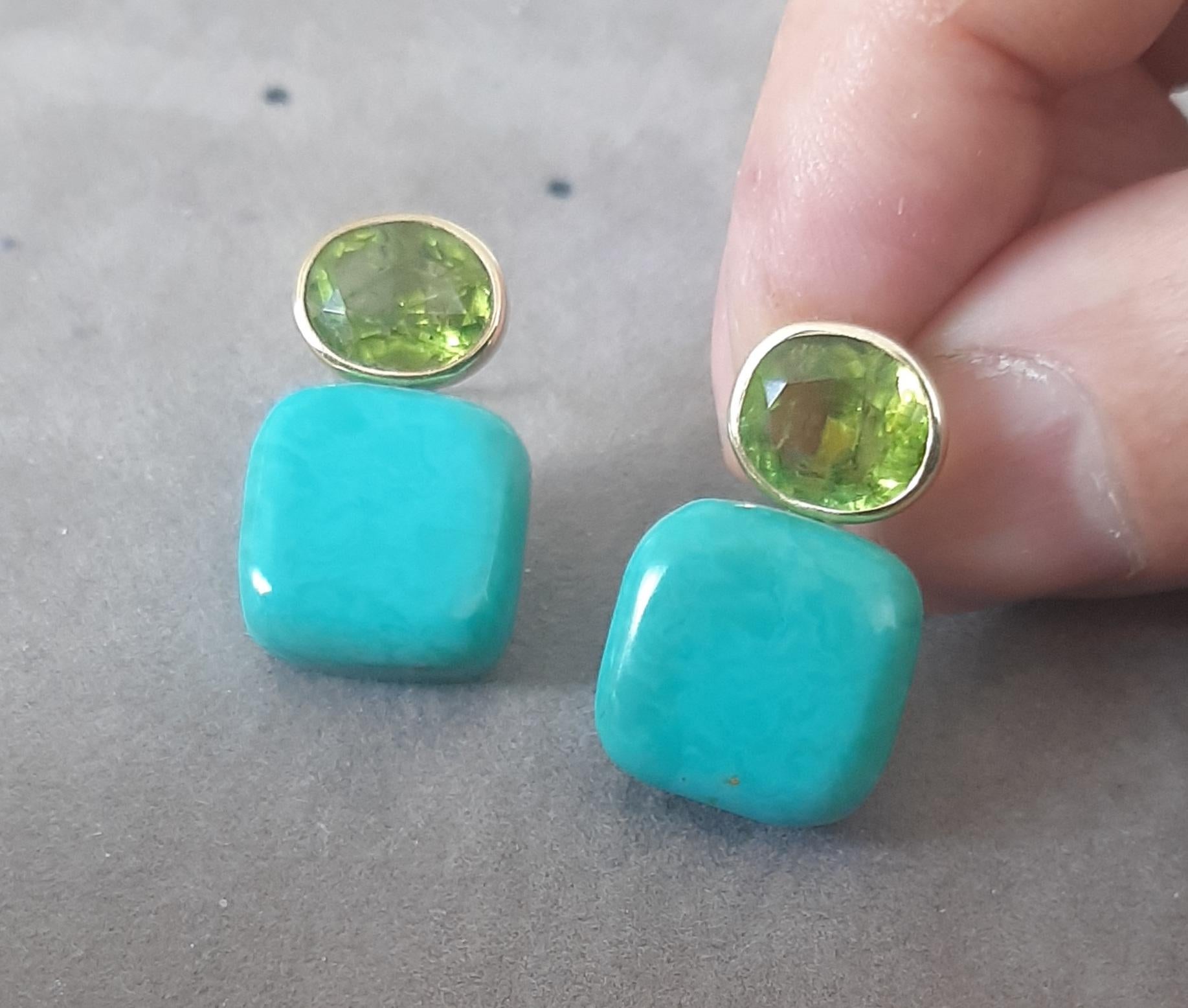 Orecchini a perno in oro giallo massiccio 14k con peridoto ovale sfaccettato a forma di cuscino di turchese in vendita 1