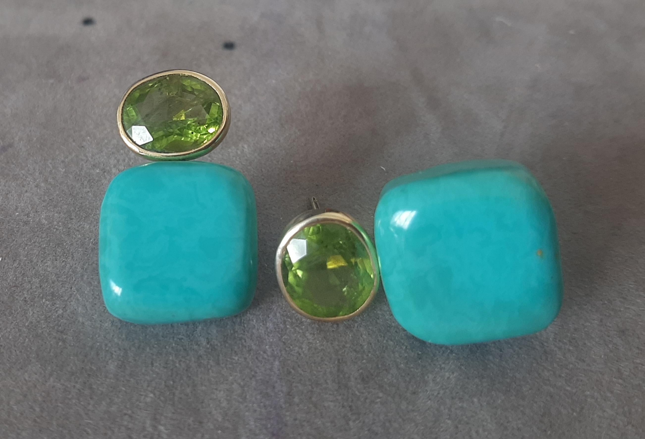Orecchini a perno in oro giallo massiccio 14k con peridoto ovale sfaccettato a forma di cuscino di turchese in vendita 2