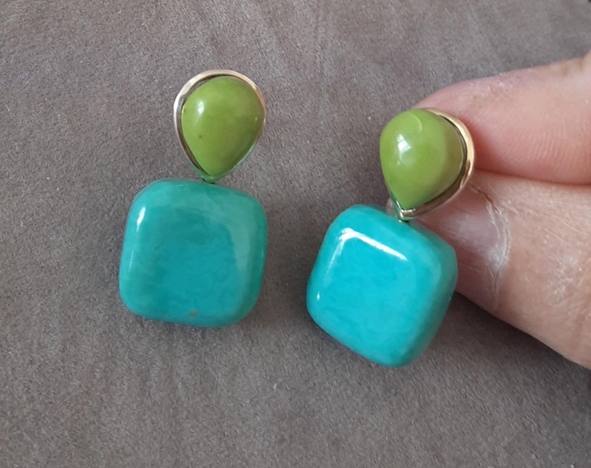Pendientes de oro macizo de 14 quilates con perlas de turquesa verde en forma de cojín en venta 4