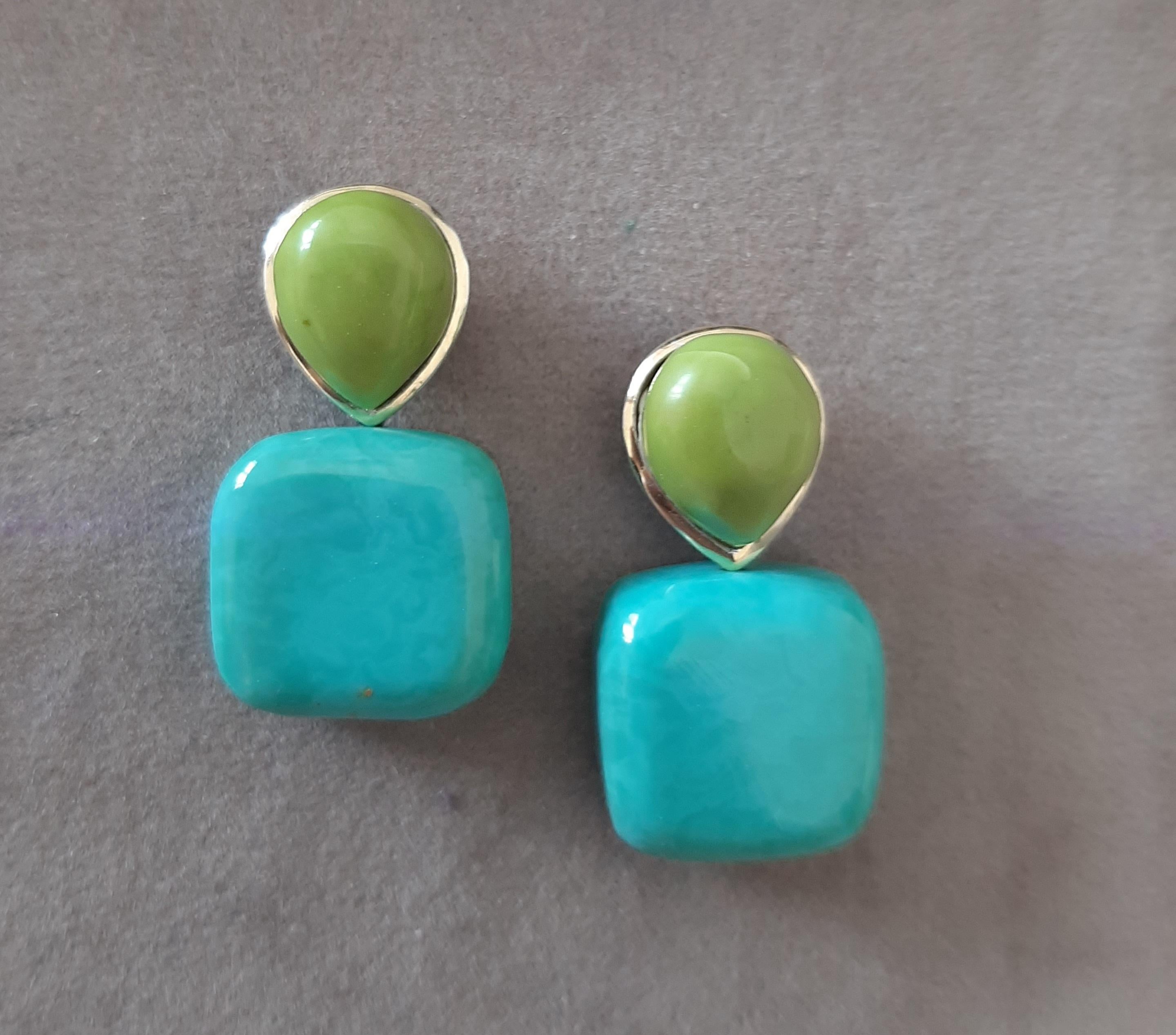 Pendientes de oro macizo de 14 quilates con perlas de turquesa verde en forma de cojín en venta 6