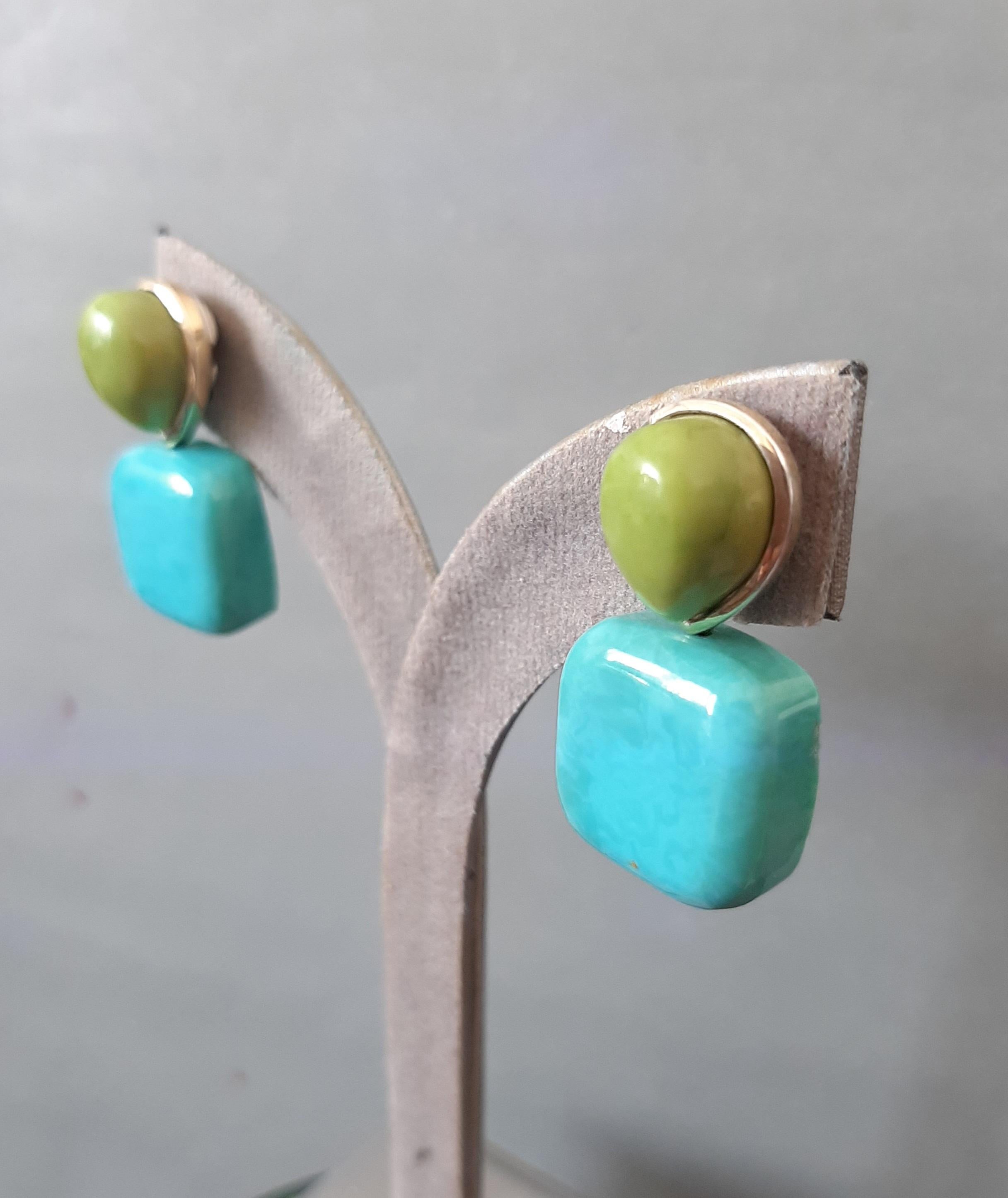 Pendientes de oro macizo de 14 quilates con perlas de turquesa verde en forma de cojín Artesano en venta