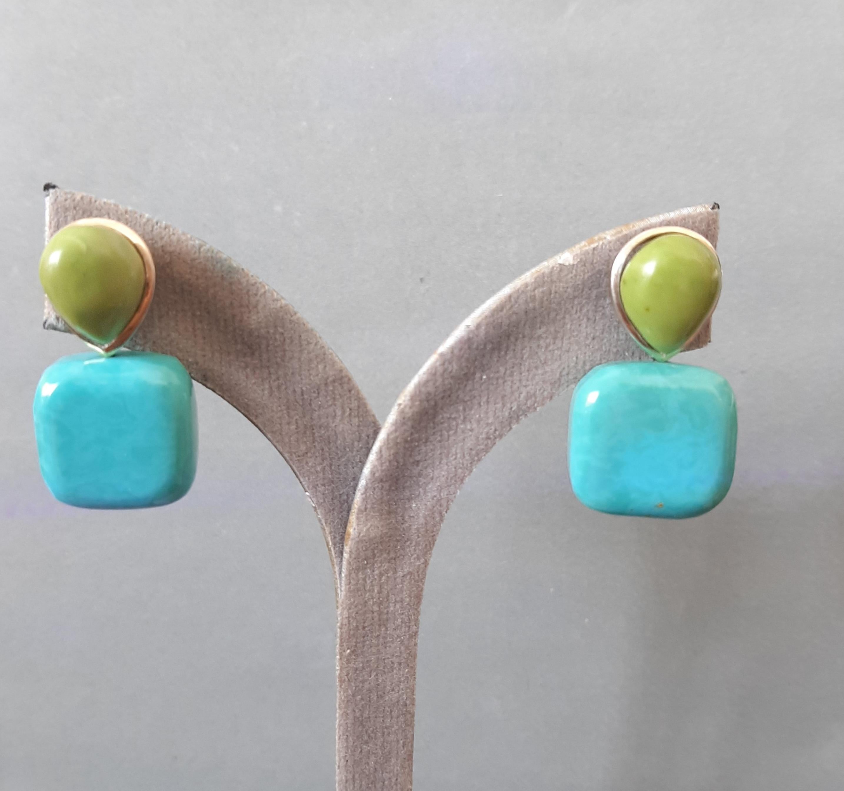 Pendientes de oro macizo de 14 quilates con perlas de turquesa verde en forma de cojín Corte mixto en venta