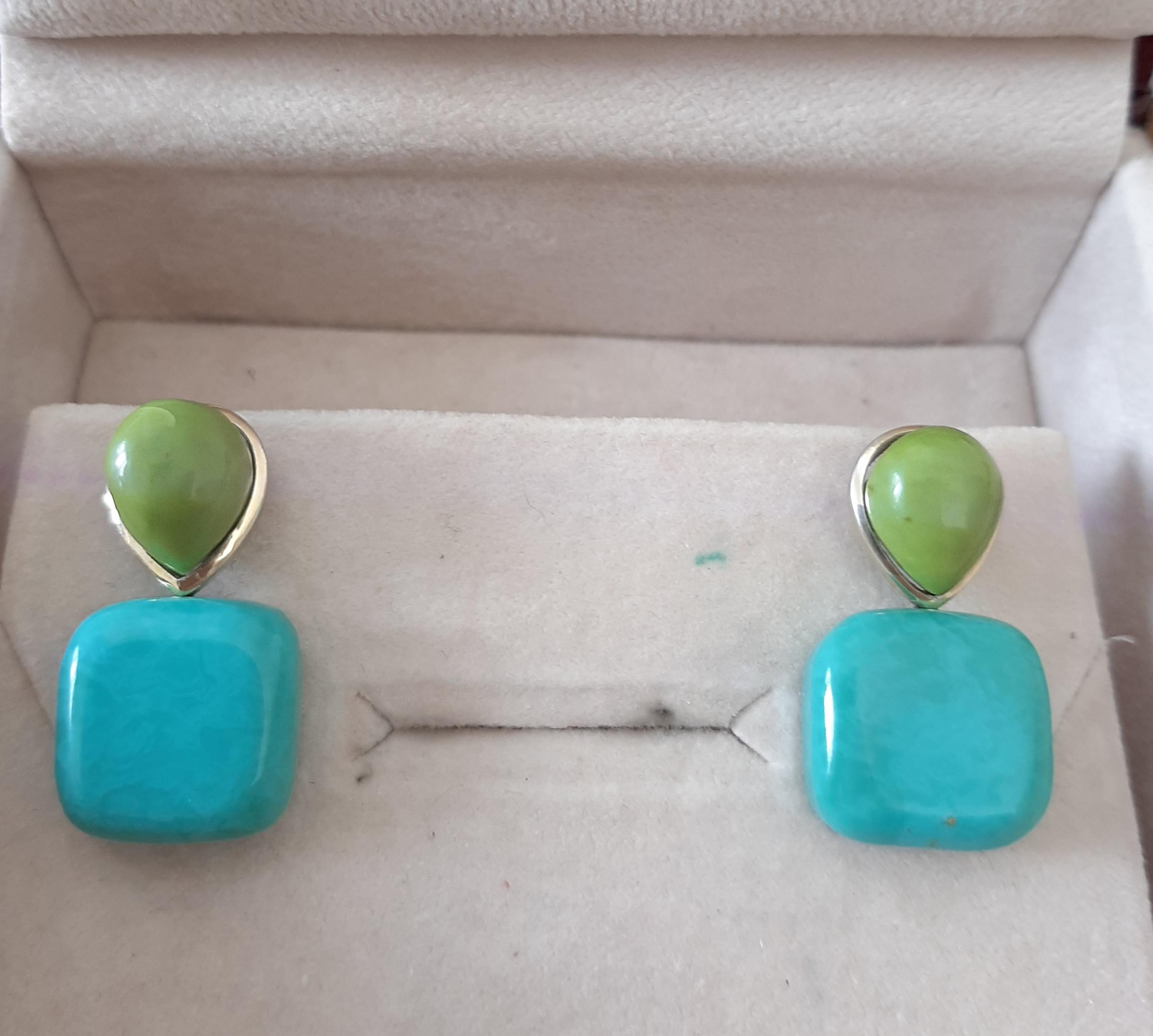 De las mujeres Pendientes de oro macizo de 14 quilates con perlas de turquesa verde en forma de cojín en venta