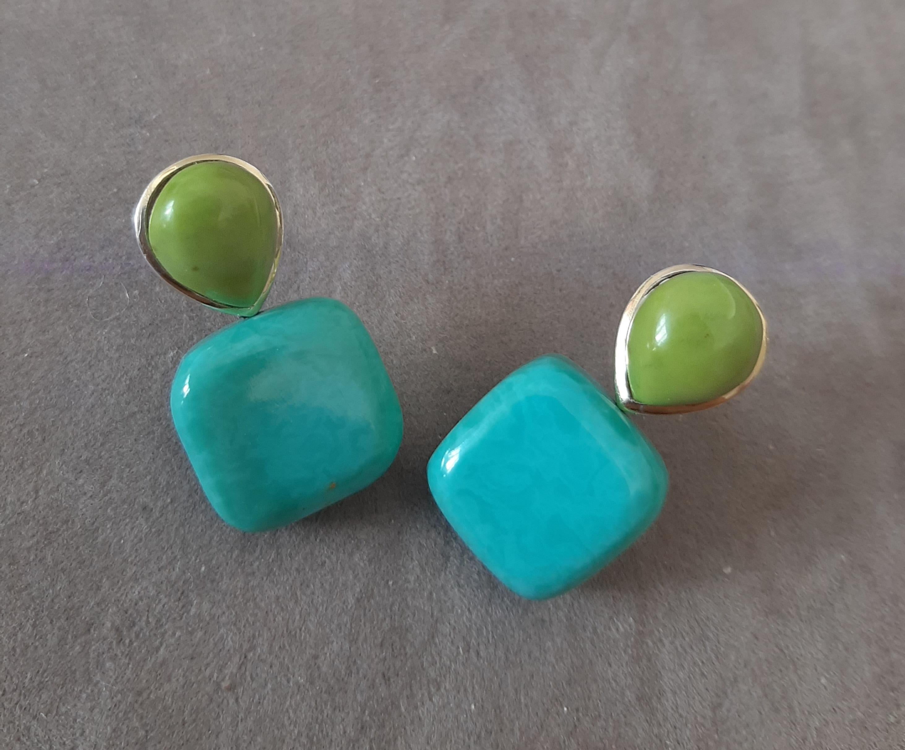 Pendientes de oro macizo de 14 quilates con perlas de turquesa verde en forma de cojín en venta 1