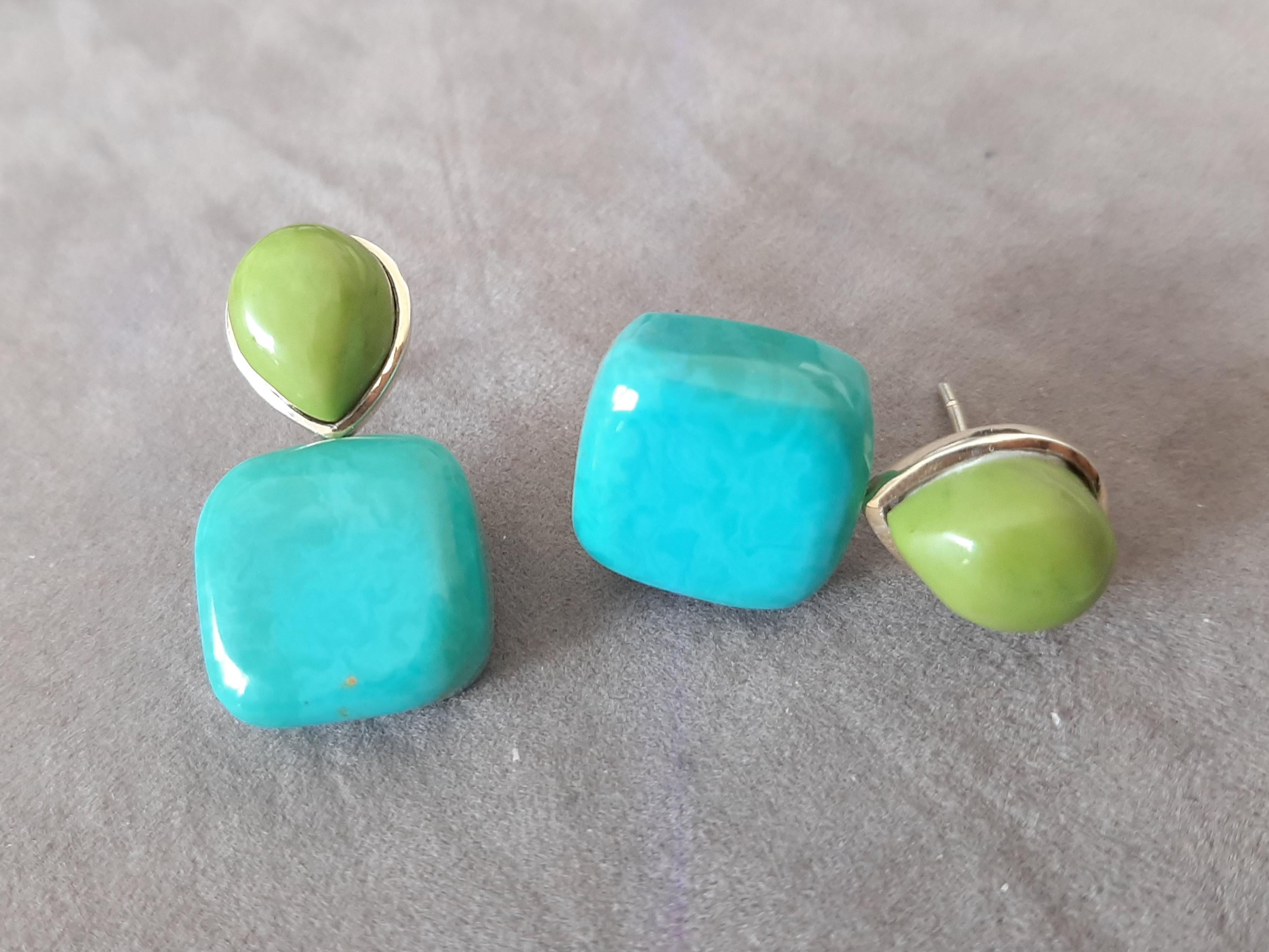 Pendientes de oro macizo de 14 quilates con perlas de turquesa verde en forma de cojín en venta 2