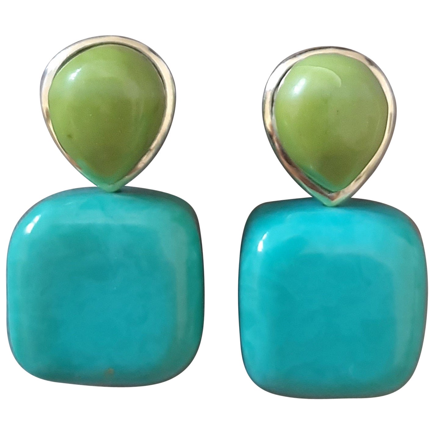 Pendientes de oro macizo de 14 quilates con perlas de turquesa verde en forma de cojín en venta
