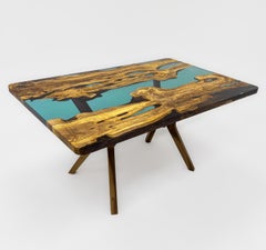 Hand-Crafted Olive Wood Dining Table with Turquoise Epoxy, Turkey