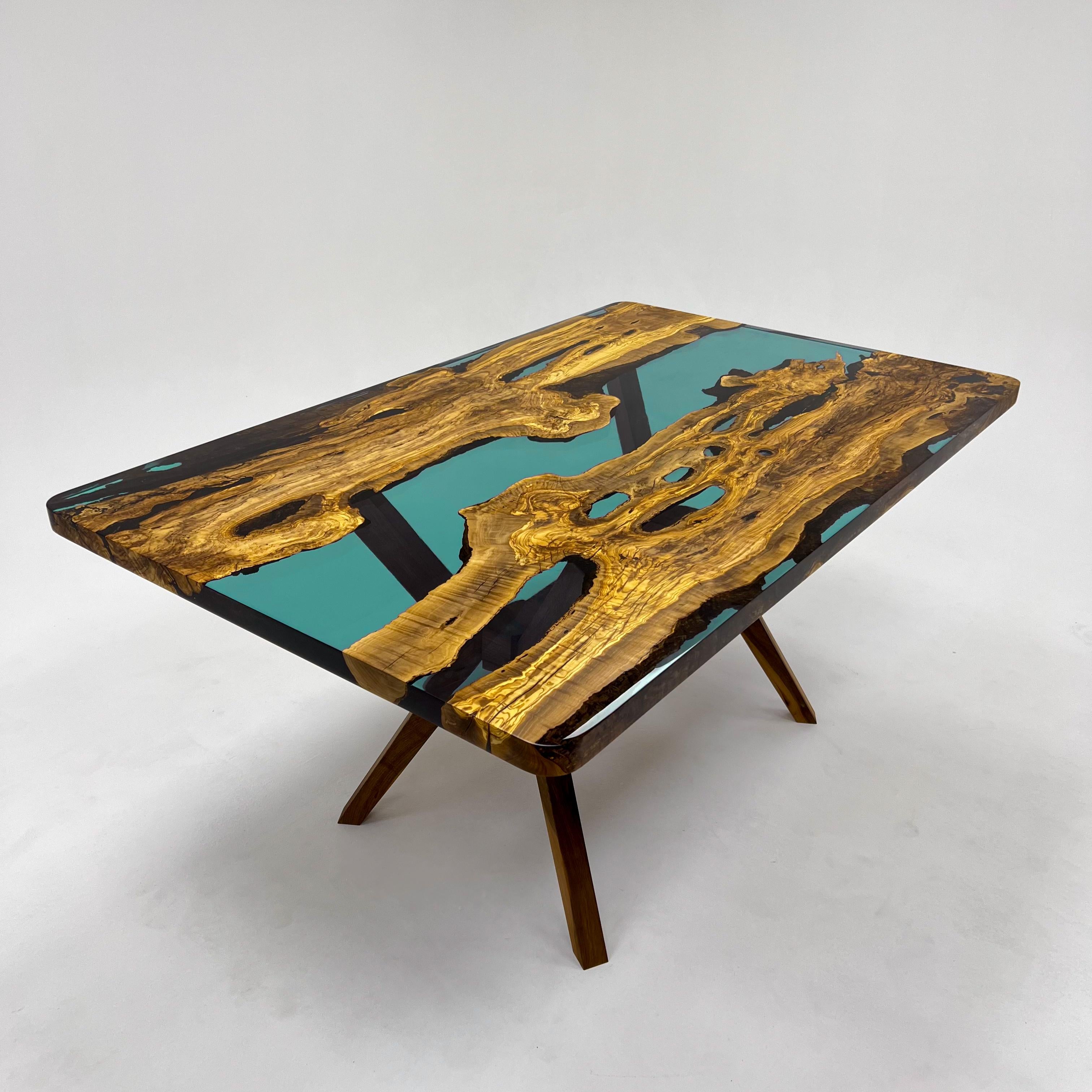 Scandinavian Modern Turquoise Custom Epoxy Resin Dining Wood Table For Sale