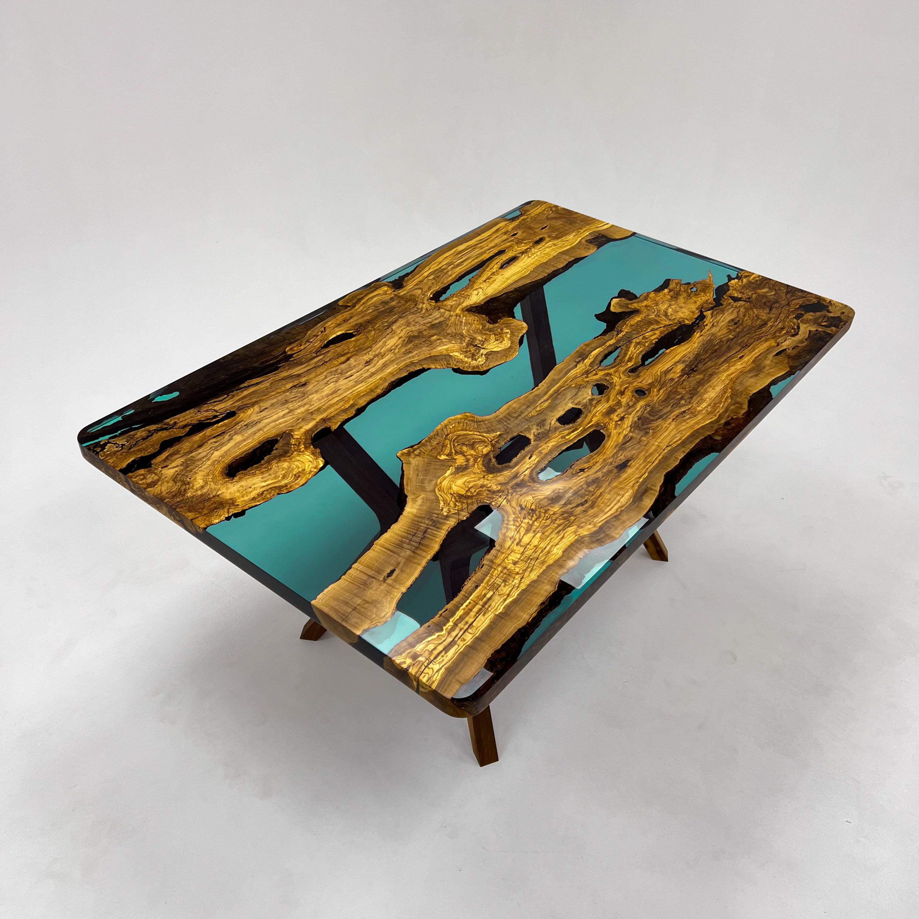 Brushed Turquoise Custom Epoxy Resin Dining Wood Table For Sale