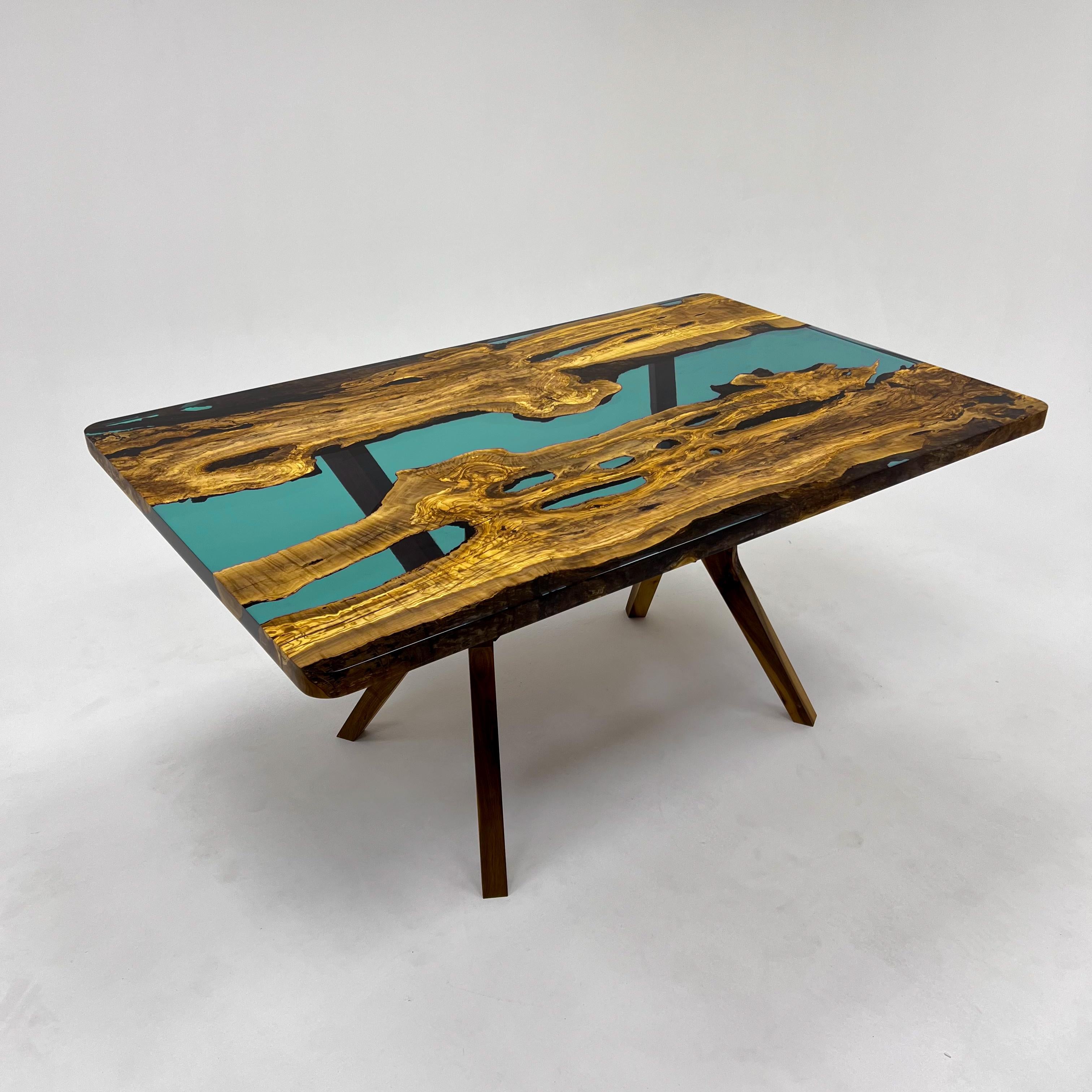 Contemporary Turquoise Custom Epoxy Resin Dining Wood Table For Sale