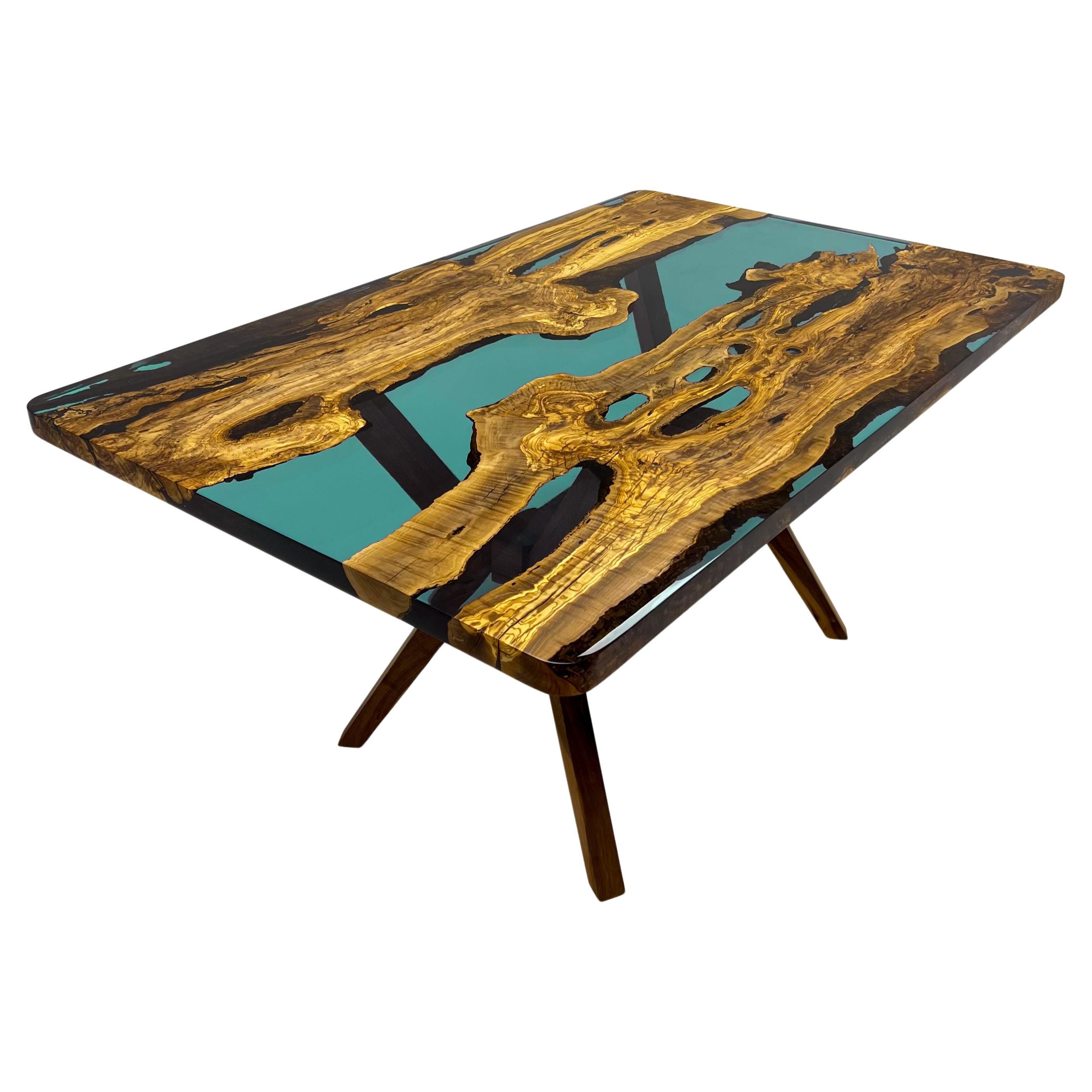 Turquoise Custom Epoxy Resin Dining Wood Table For Sale