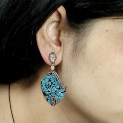 Turquoise Dangle Earring with Pave Diamond Made in 18k Gold & Silver