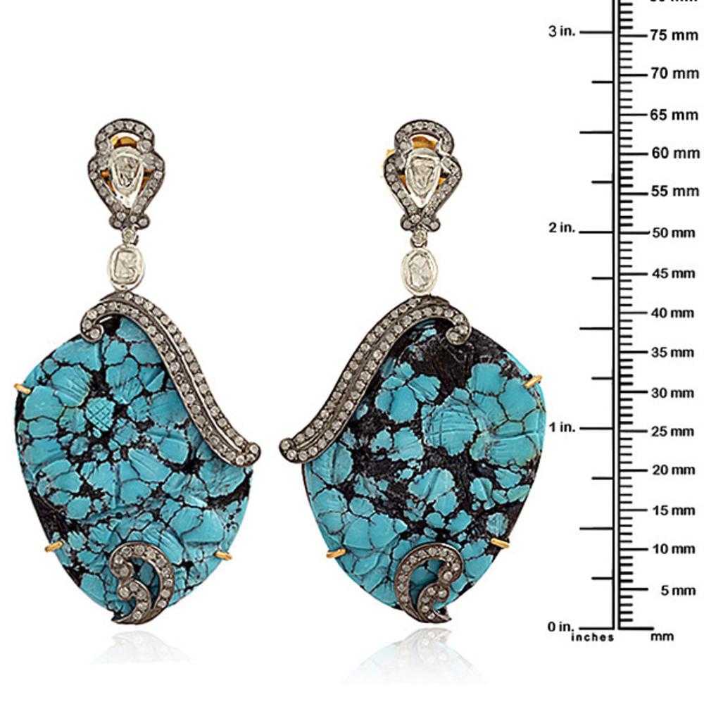 Art Deco Turquoise Dangle Earring with Pave Diamond Made in 18k Gold & Silver For Sale