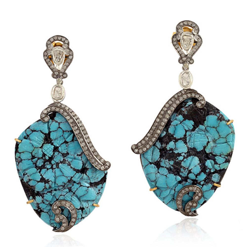 Mixed Cut Turquoise Dangle Earring with Pave Diamond Made in 18k Gold & Silver For Sale