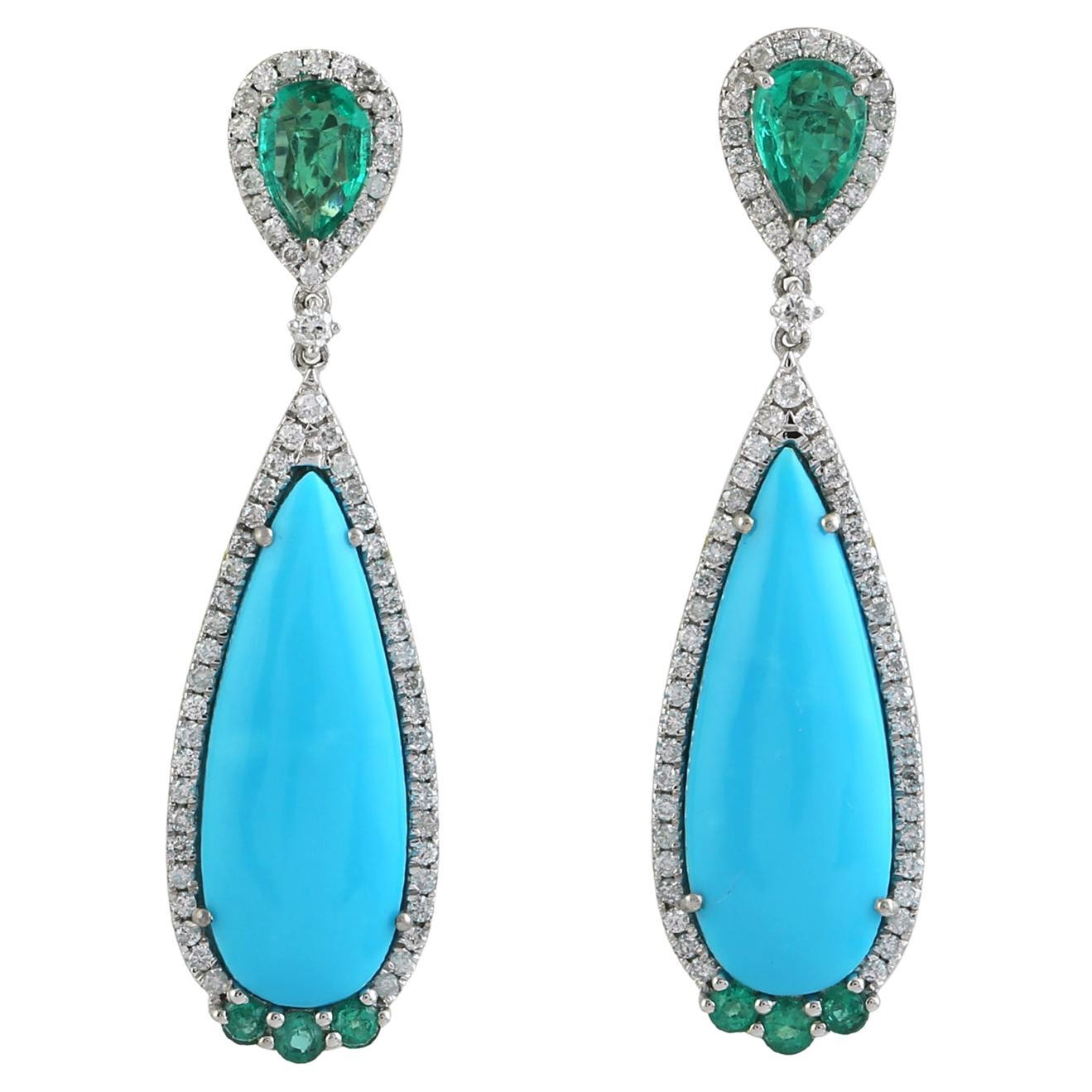 Turquoise Dangle Earrings Accented WIth Emerald & Diamonds In 18k White Gold