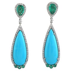 Turquoise Dangle Earrings Accented WIth Emerald & Diamonds In 18k White Gold