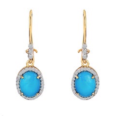 Natural 3.15Cts Turquoise & 0.31Cts Diamond Dangle Earrings in 14k Gold