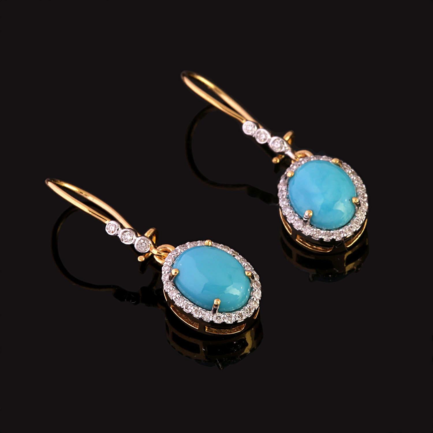 Brilliant Cut Turquoise Dangle Earrings with Diamond in 14k Gold For Sale