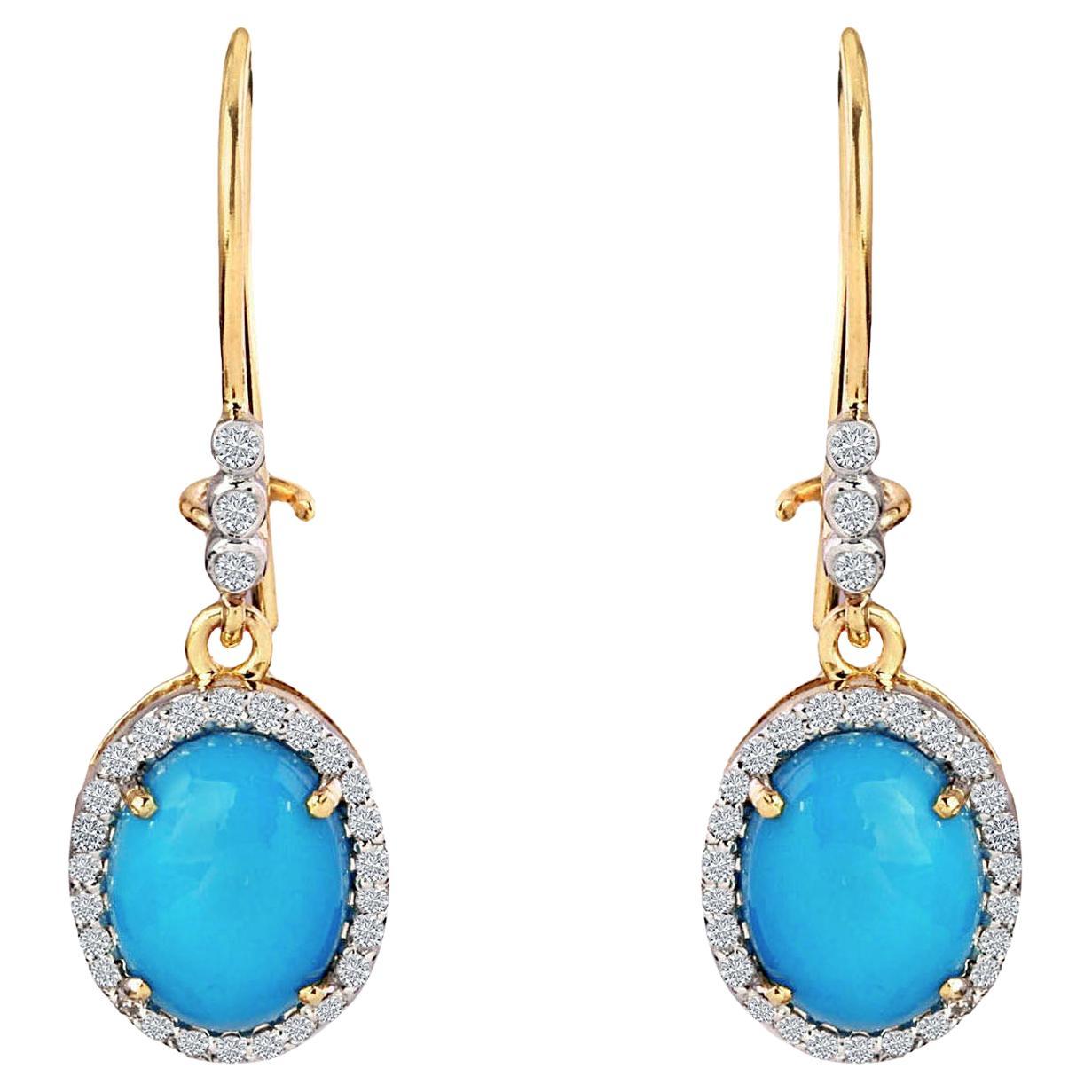 Turquoise Dangle Earrings with Diamond in 14k Gold For Sale