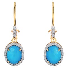 Turquoise Dangle Earrings with Diamond in 14k Gold